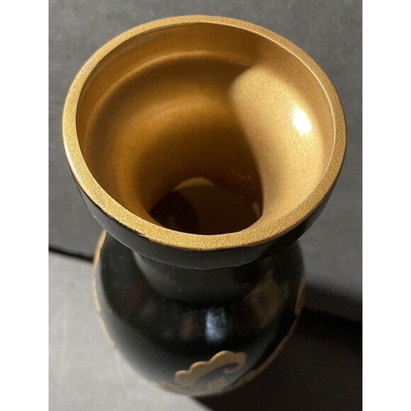 Black & Embossed Raised Gold Oriental Design On Vase 9 1/4” Tall - Picture 5 of 6